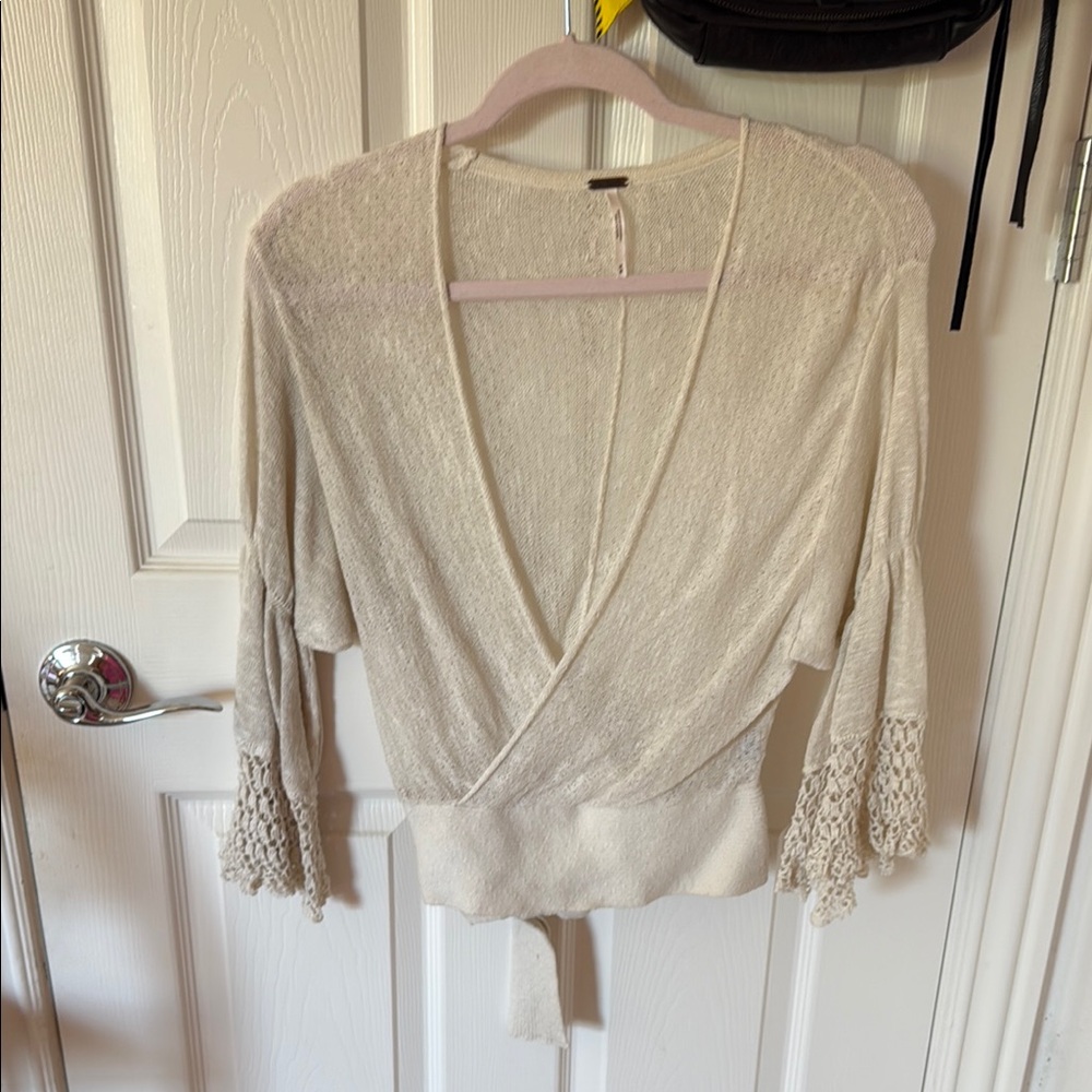 Free People Cream Crochet Sleeve Wrap Top